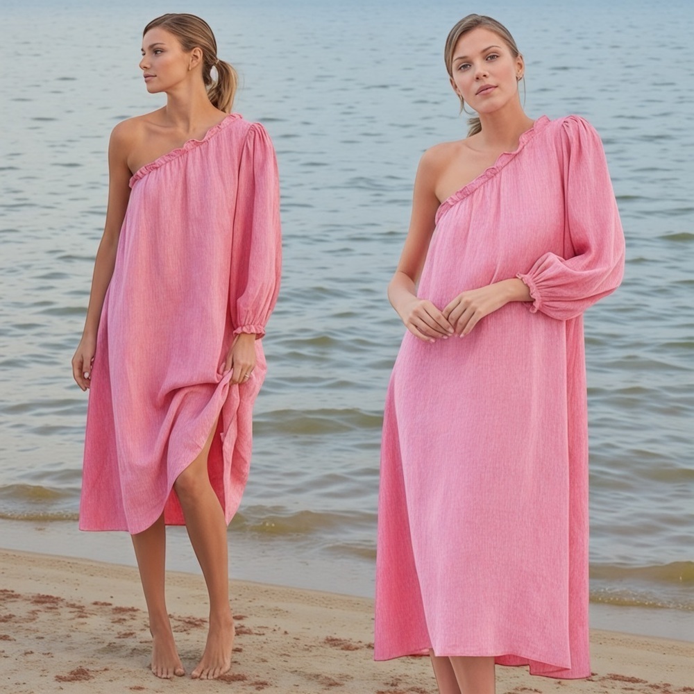 LAKE Women's One-Shoulder Milly Linen Midi Dress In Zinnia Pink In Size M